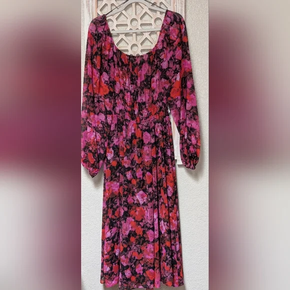 Steve Madden Vibrant Pink Floral Long Sleeve Dress size medium midi slit party - Picture 8 of 9
